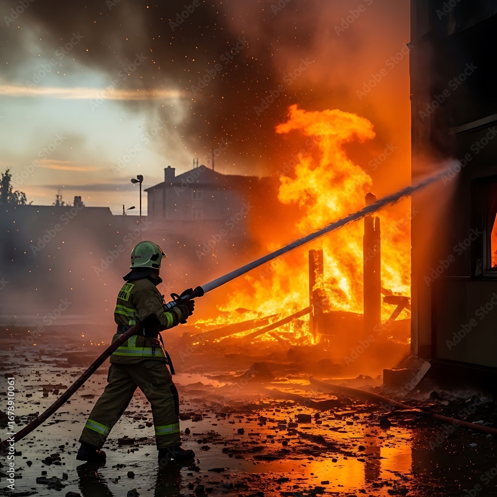 Naklejka premium Firefighter battling blaze in urban setting, intense fire, rescue operation.