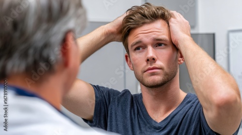 Patient expressing anxiety during medical consultation in clinic healthcare environment personal interaction