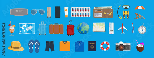 Travel flat illustration background. Travel equipment, baggage, and other items for tourism, vacation season. Flat vector set for tourism, trip planning.