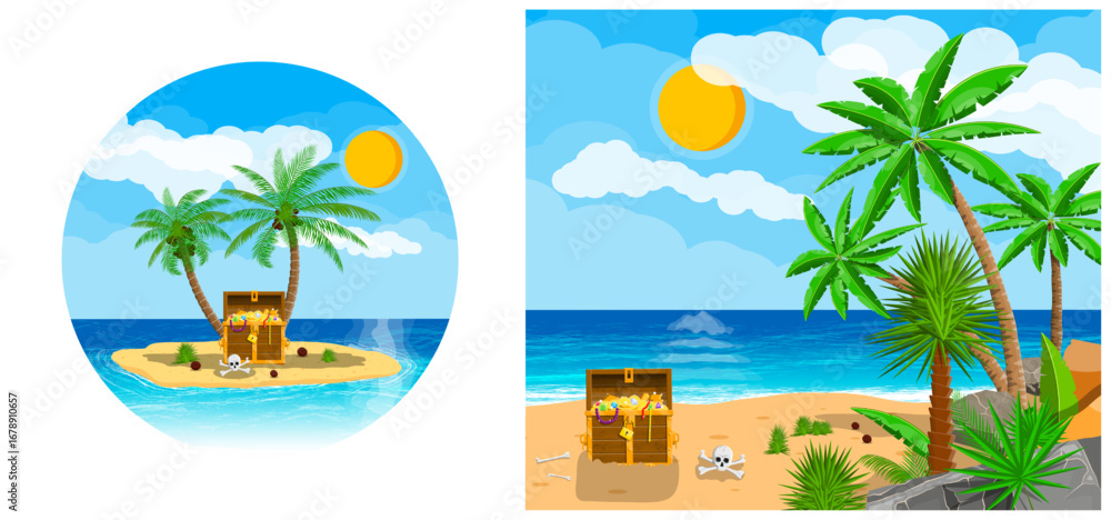 Obraz premium Palm tree island with treasure chest and skull. Pirate adventure on tropical beach. Vacation travel for summer holiday.