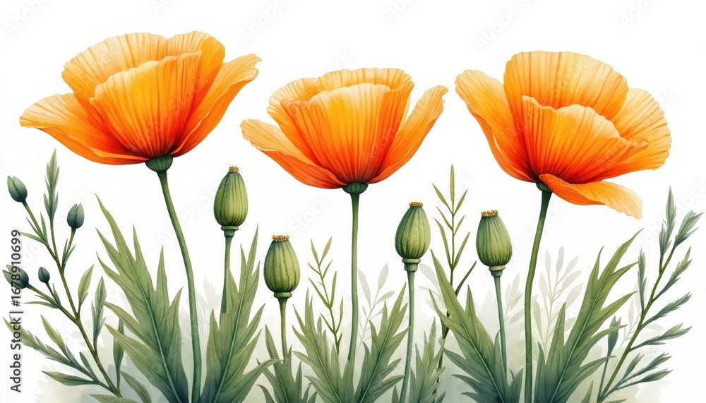 Fototapeta premium Watercolor illustration of vibrant orange california poppies, green buds on clean white background. Delicate green leaves, stems surround flowers. Floral art nature beauty, perfect for summer spring