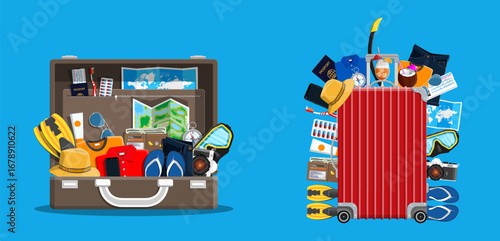 Open and closed travel suitcase with summer holiday items. Ready for vacation trip. Flat style stock vector set collection illustration.