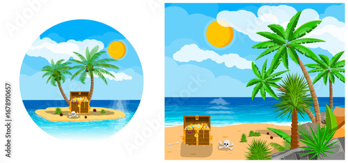 Palm tree island with treasure chest and skull. Pirate adventure on tropical beach. Vacation travel for summer holiday.