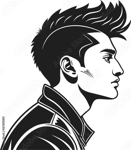 Vector art of side profile of a stylish man with mohawk hairstyle and leather jacket