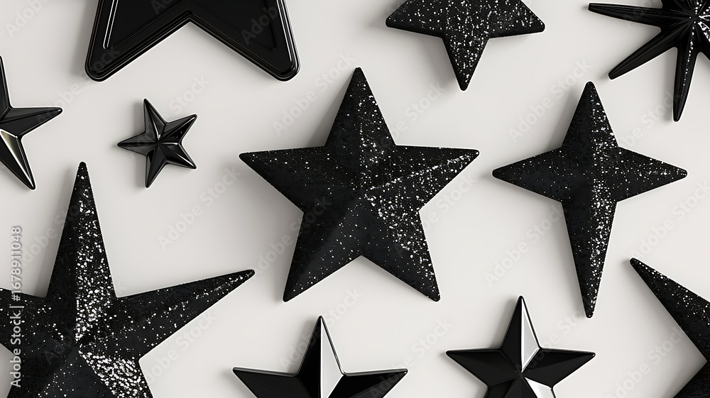 Fototapeta premium Arrangement of Black Star Shapes with Glitter Detailing on a Clean White Surface.