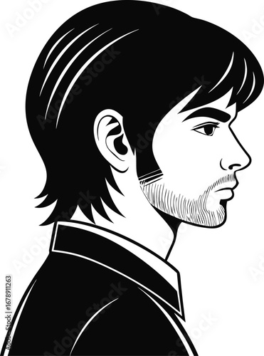 Vector art of stylish man portrait in profile, showcasing a handsome young man with beard and cool hairstyle