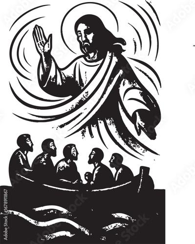 Jesus Christ blessing disciples in boat, black and white vector illustration of faith, guidance and biblical spiritual themes