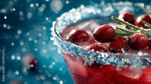 A refreshing cocktail garnished with cranberries and rosemary, set against a vibrant blue backdrop, perfect for festive celebrations.