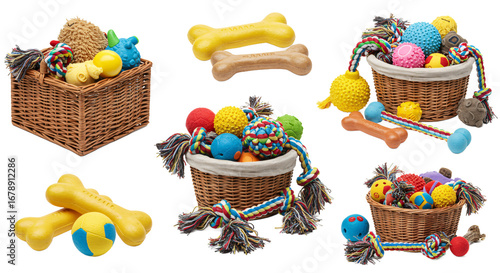 Collection of various colorful dog toys including squeaky balls ropes and bone shaped chews in woven baskets isolated on transparent background