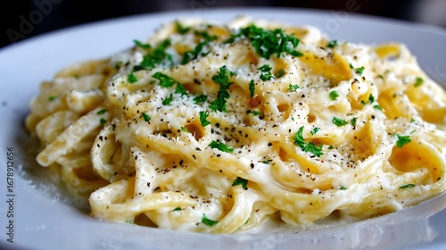A plate of creamy fettuccine alfredo garnished with fresh parsley and black pepper, showcasing a rich and indulgent pasta dish.