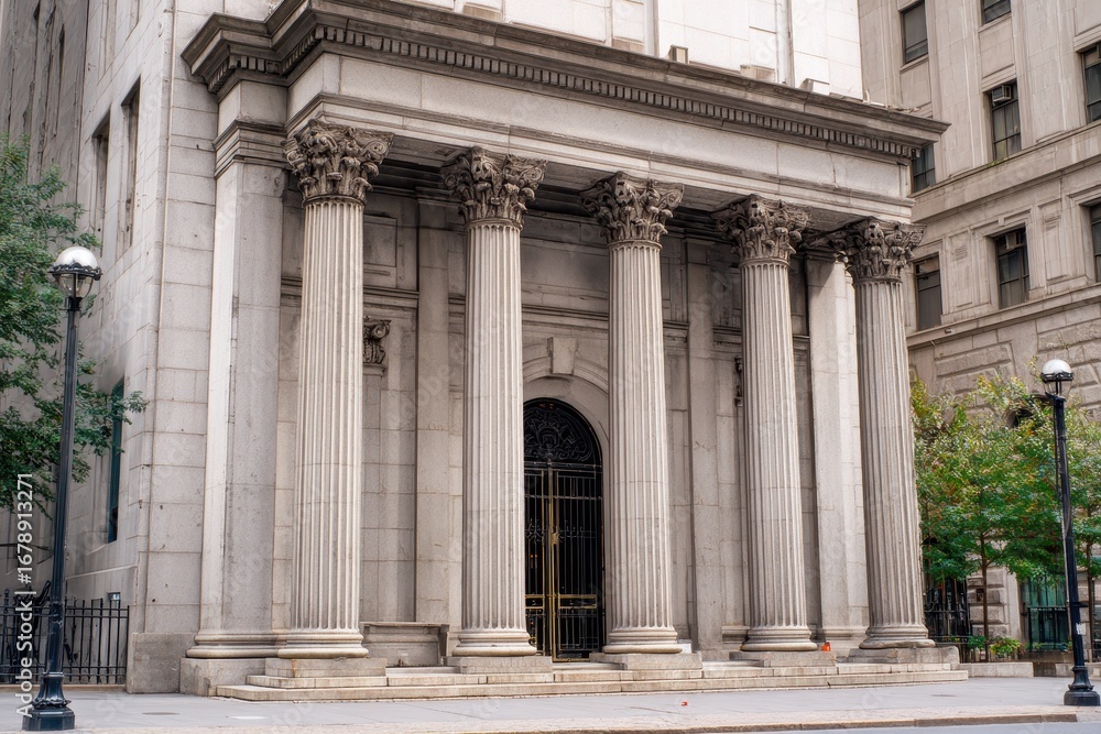 Fototapeta premium Government Civic. Historic Bank Building with Granite Columns in Old America