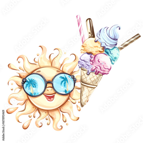 Bright summer fun with a cheerful sun character wearing sunglasses and a colorful ice cream cone filled with delicious flavors ideal for beach vacations and festive gatherings