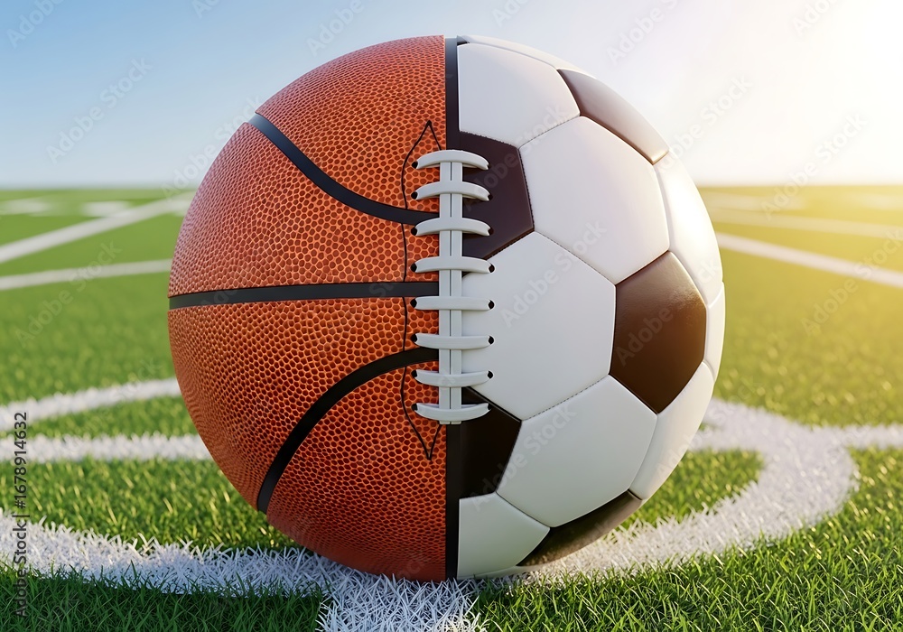 Obraz premium Hybrid Sports Ball Divided Basketball Football Soccer on Grass.