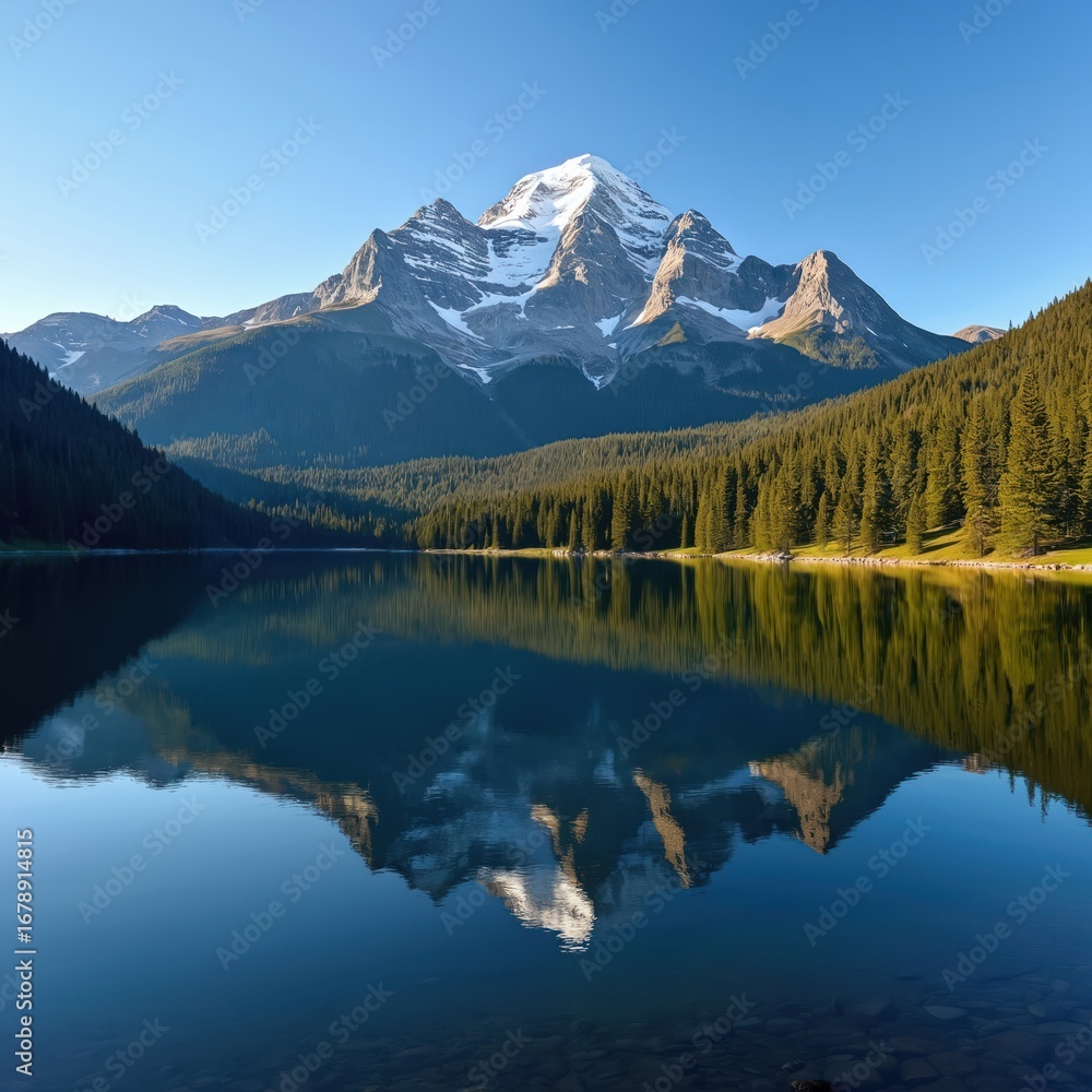Obraz premium Majestic snow-capped mountain peak reflected in calm, clear lake. Lush green pine forest lines shore. Tranquil landscape under clear blue sky. Serene natural beauty, perfect for travel, nature themes.