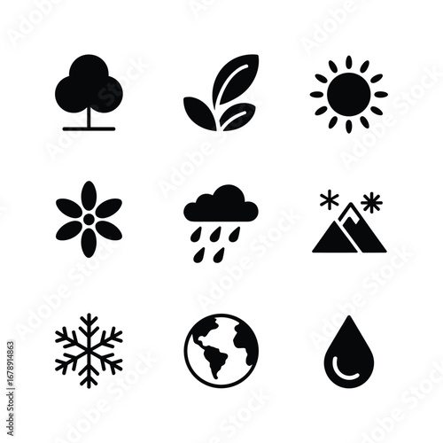 Set of nature and weather icons featuring tree leaves sun flower rain cloud mountains snowflake planet earth and water drop.
