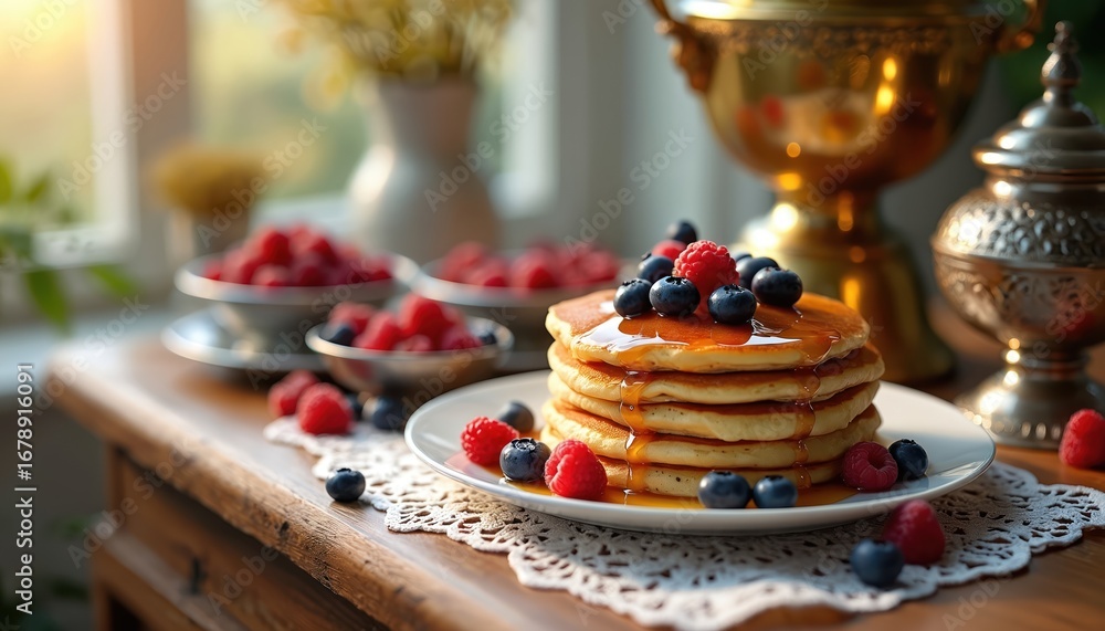 Naklejka premium Fluffy pancakes stacked high, drizzled with golden honey, topped with fresh blueberries, raspberries. Served with traditional samovar on rustic wooden table, evoking cozy breakfast or holiday meal.