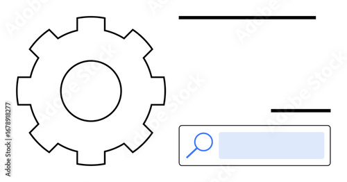 Large gear beside a search bar suggesting settings, optimization, or system search. Ideal for technology, development, process management, business strategy, automation, SEO themes and simple