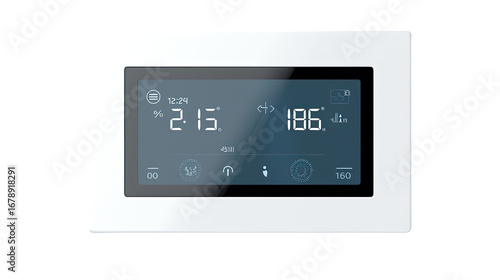 Modern digital alarm clock with electronic display isolated on white background
