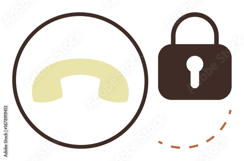 Phone handset in a circle beside a padlock symbolizing secure communication and data protection. Ideal for privacy, encryption, call security, technology, telecommunication, cybersecurity, simple