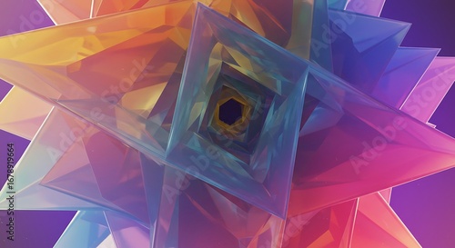 Fototapeta Naklejka Na Ścianę i Meble -  Abstract Geometric Tunnel of Translucent Crystal Forms with Gradient Colors
