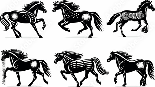 Majestic black horses gallop dynamically with tribal sun and star accents, evoking freedom and power.