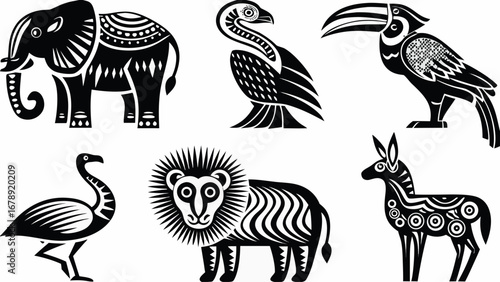 Stunning African wildlife collection featuring lion, elephant, zebra, toucan, vulture, and flamingo in unique tribal art style