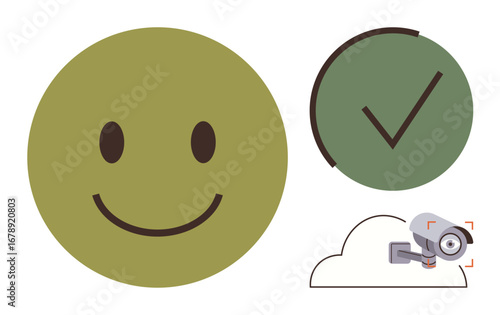 Green happy face, green check mark in circle, surveillance camera on cloud. Ideal for security, data approval, safety, monitoring, cloud storage, digital validation simple flat metaphor