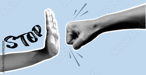 Pop art halftone collage with hand stop gesture against fist. Retro dotted protest design symbolizing conflict, violence prevention and social activism. Vector illustration 