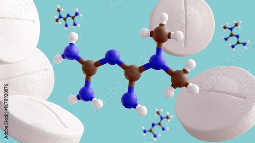 Fényképezés A 3d rendering of metformin, physical form as pills and its molecular structure