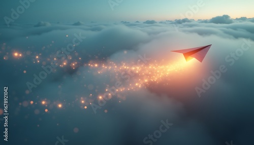 Glowing paper plane flying above clouds
