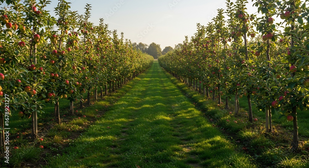 Obraz premium 爽やかな朝日に輝く、整然と並ぶリンゴ畑の美しい風景。