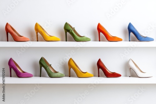 Colorful High Heel Shoes Displayed on Modern White Shelves