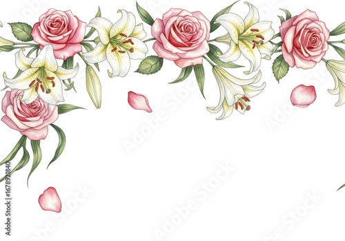 Floral border with pink roses and white lilies isolated on transparent background