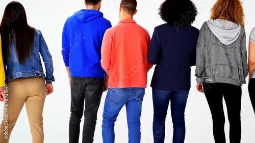 Group of diverse people walking in a row, backs to the camera, wearing various colored clothing