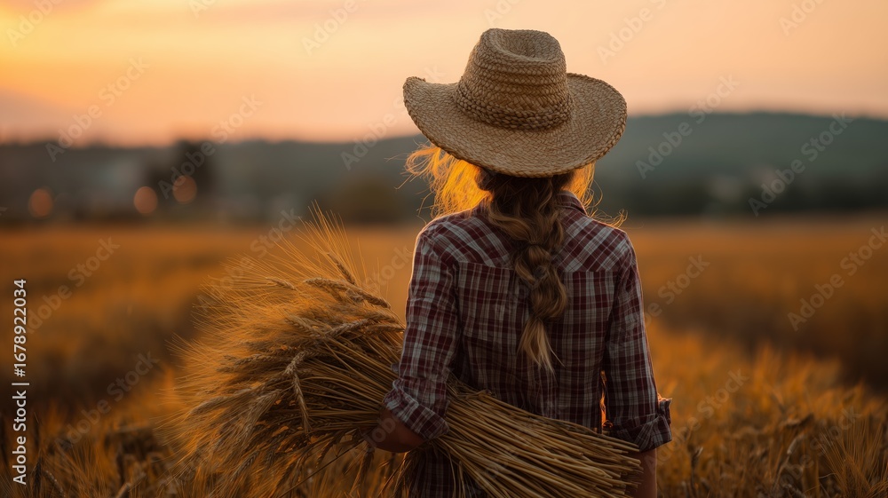 Obraz premium Farming at sunset with a woman holding a bundle of wheat in a golden field