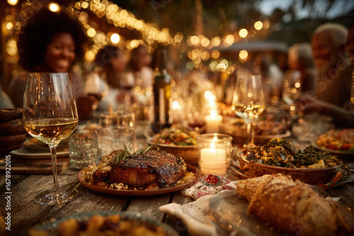 Festive outdoor dinner party with diverse people enjoying meal, featuring grilled meat, wine, and candlelight on rustic table