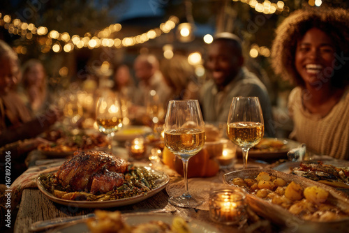 Joyful group of friends enjoying festive dinner outdoors, with table set with roasted chicken, vegetables, and wine glasses under string lights