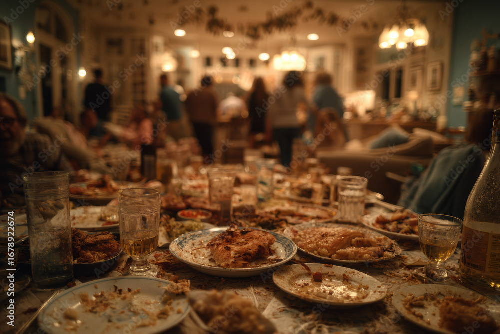 Fototapeta premium Lively family gathering with table full of leftover food and drinks, creating warm and festive atmosphere in cozy dining room