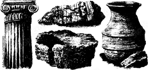 Ancient artifacts - grunge black and white illustration set for design and decor