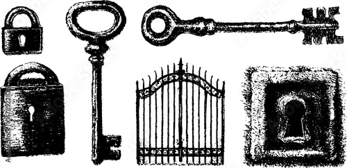 Vintage black and white grunge set of antique keys and locks for retro design