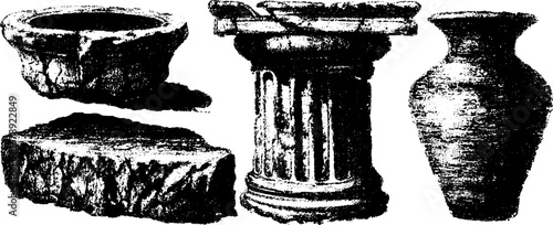 Grunge black and white ancient artifact set for design and decoration