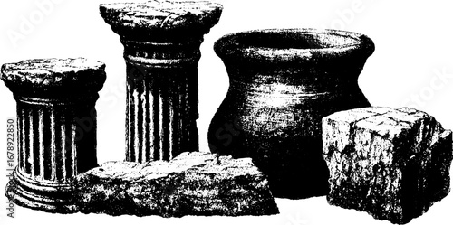 Ancient ruins grunge black and white illustration set for vintage design