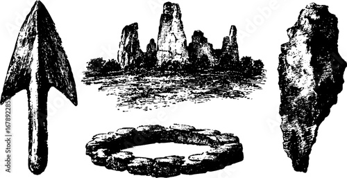 Grunge black and white arrowhead and stone circle illustration set for tribal designs