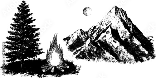 Grunge black and white mountain and nature set for outdoor adventure designs