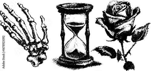 Grunge black and white skeleton hand, hourglass, and rose illustration collection for creative design