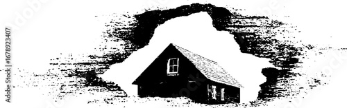 Black and white stencil set featuring abandoned house design for urban art projects