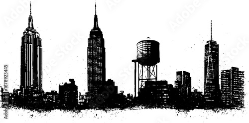 Urban skyline silhouette in black and white stencil art for print or poster design