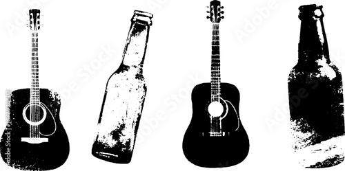 Acoustic guitar and bottle stencil collection in black and white for urban art designs