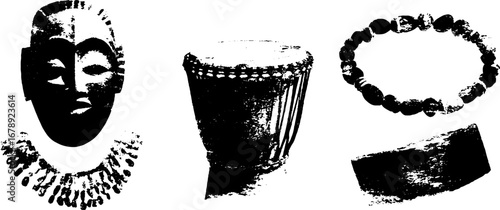 African cultural artifacts black and white stencil collection for design