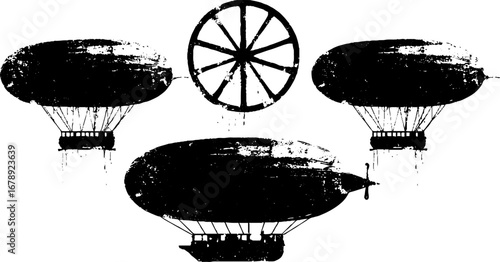 Vintage airship silhouette set featuring distressed grunge style for design and decoration